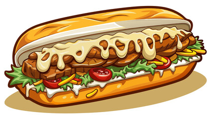 Philly Cheesesteak sandwich with finely chopped beef, melted cheddar cheese, and a creamy white sauce on a shiny, fresh long sandwich bun
