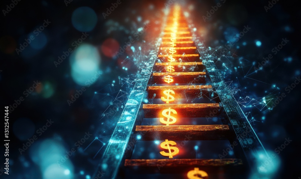Poster symbolic conceptual management concept. ascending the finance ladder: steps and climbing symbols in 