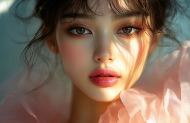 Fototapeta premium Asian model in tulle dress with pink lipstick, soft light and shadow play