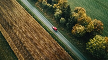 An Aerial View Shows A Red Vehicle On A Rural Road