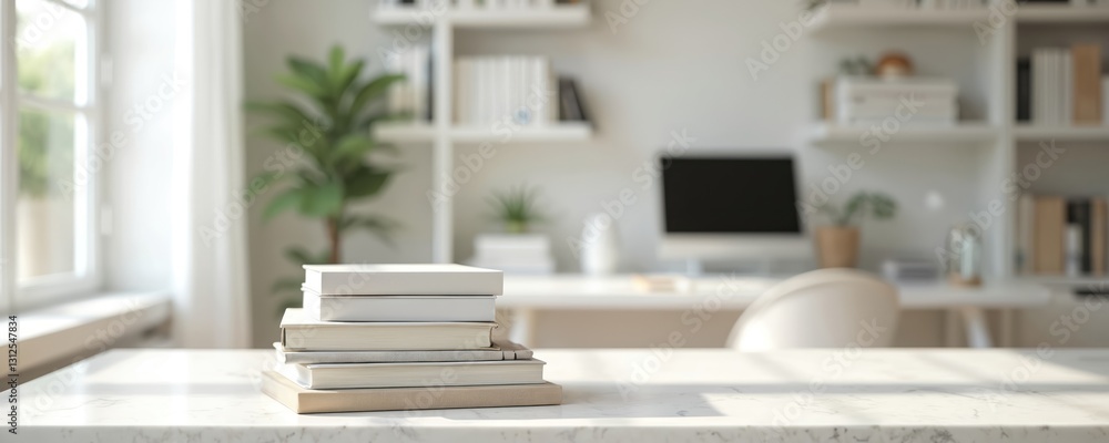 Aufkleber stack of books on white table with blurred office. minimal home desktop interior with bookshelf, com