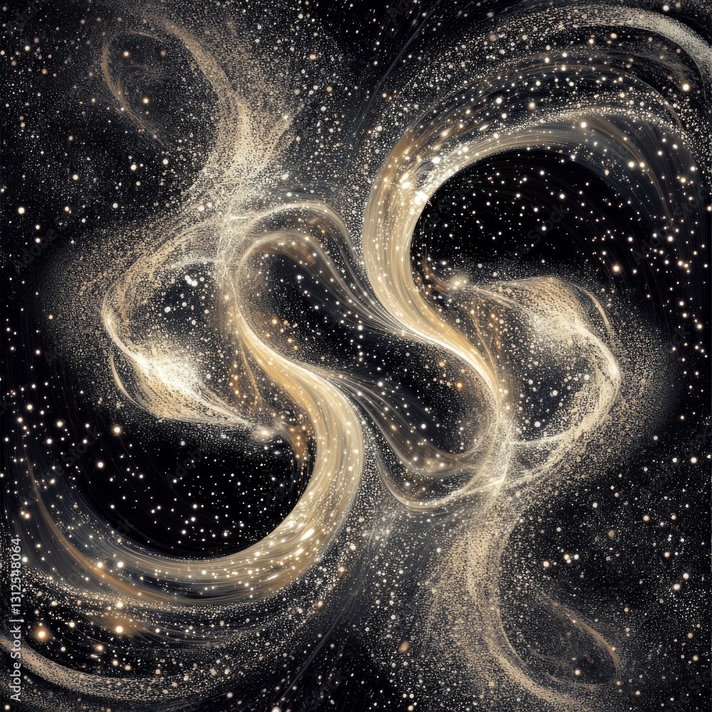 Poster ethereal golden currents: a celestial dance of light and dust in deep space with sparkling star clus