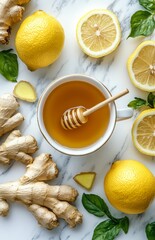 Ginger tea with honey and lemon on marble with fresh ginger root