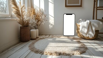 A cozy room with decorative items and blank smartphone screen
