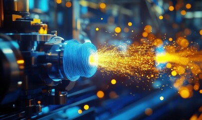 Textile machinery producing vibrant blue and yellow yarn with sparks.