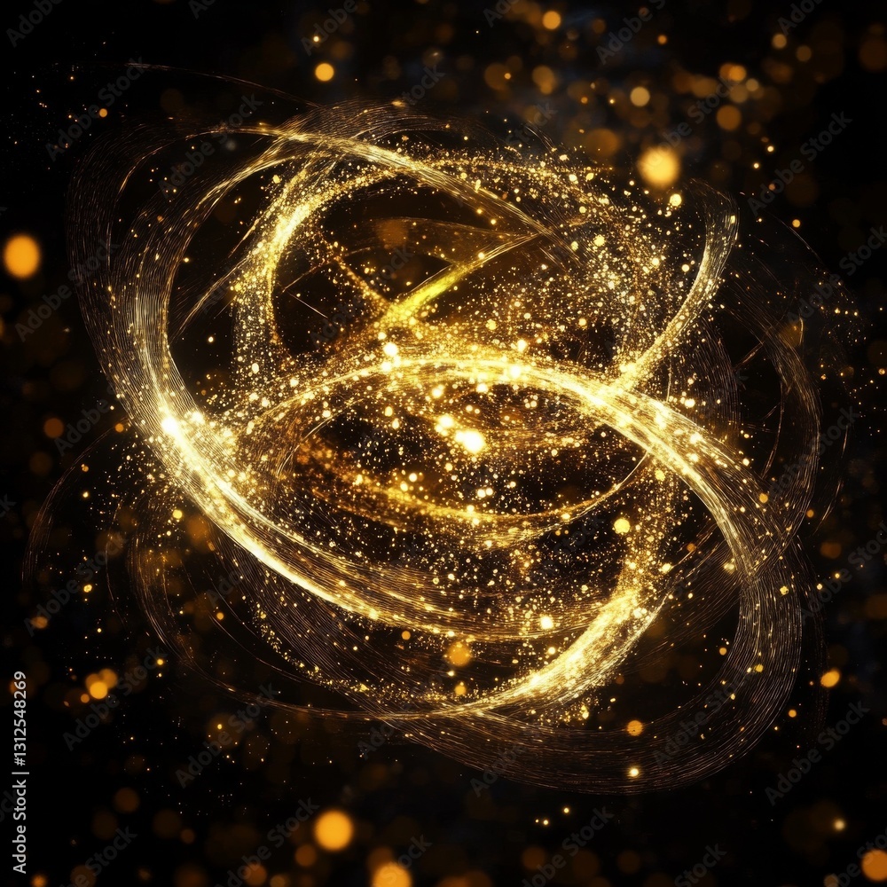 Poster golden sparkle ring: abstract swirl of light and shimmering particles against a dark background