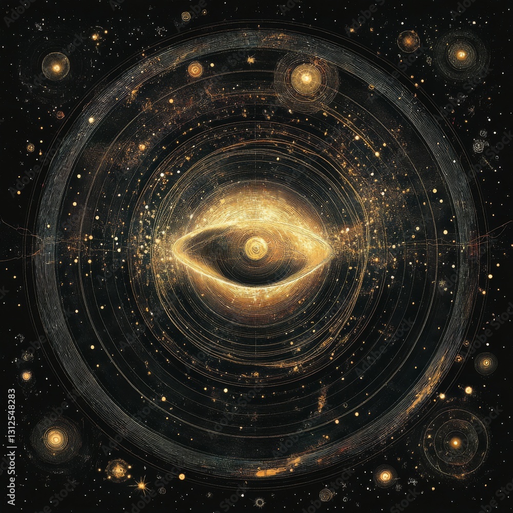 Poster golden cosmic eye: an abstract representation of the universe and interconnectedness with stars and 