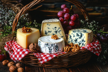 AI-Generated Gourmet Cheese Basket with Rustic Background