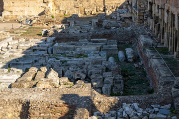 The most famous architectural landmarks of ancient greek heritage located in the Plaka district in Athens, Greece: the library of Hadrian, Wind tower, medieval mosque