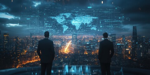 Business professionals analyze global data trends while overlooking a cityscape at night