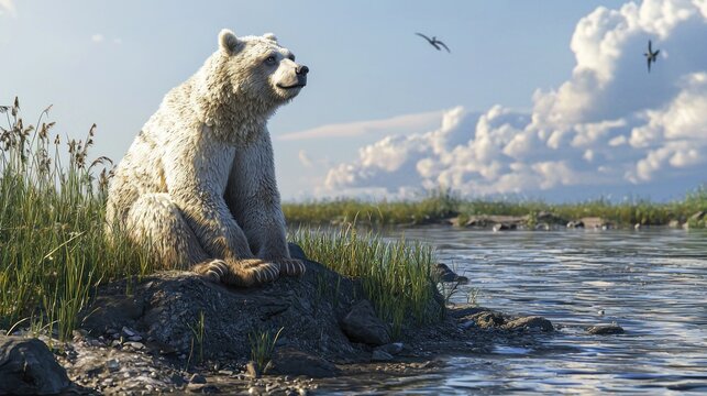An unusual looking bear, the now extinct short faced bear, an animal of the last ice age, sits in the deep grass on the rocky shore of a prehistoric North American wetland. 3D Rendering
