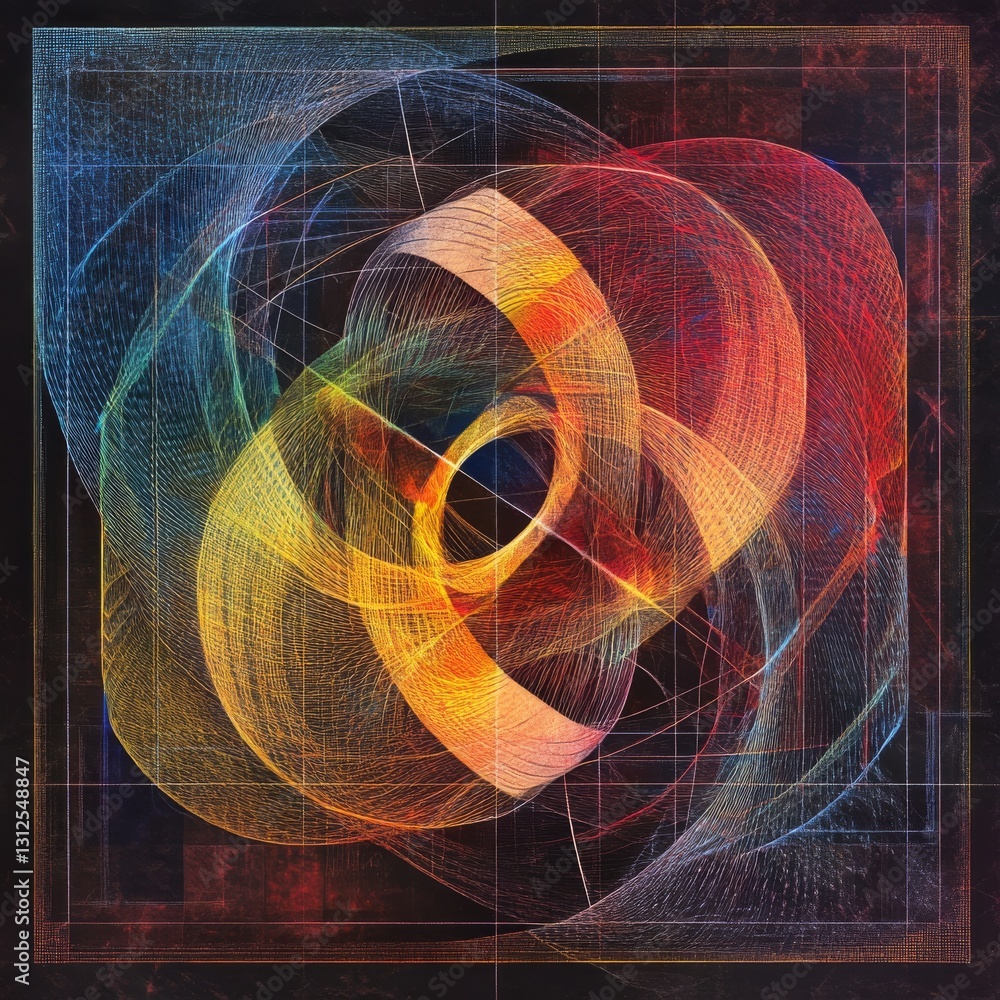 Poster swirling spectrum: abstract vortex of intertwined lines with geometric frame and vibrant color gradi