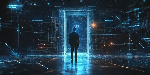 Exploring a digital portal with glowing patterns and abstract technology elements in a futuristic setting