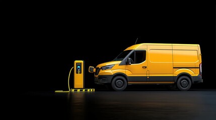 Yellow electric van charging at a station on a black background.