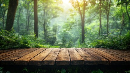 Wooden deck in lush green forest