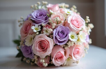 Beautiful wedding bouquet with pink and purple roses. Floral arrangement of summer flowers, symbol of love and marriage celebration. Bunch of blossom plants for bridal ceremony, romantic gift.