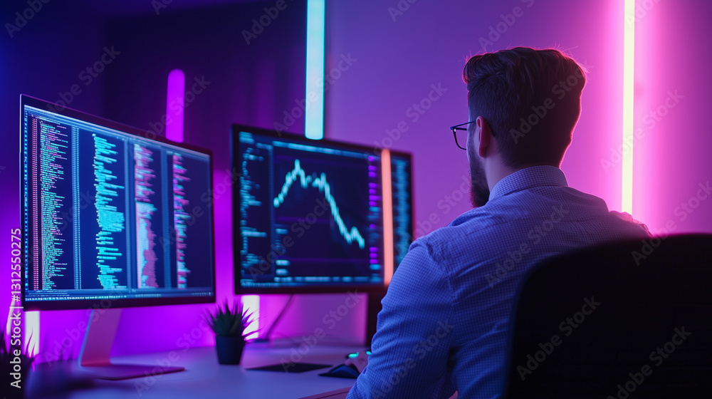 Poster high-tech male programmer analyzing holographic trading data