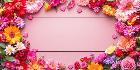 Flowers and hearts on the pink wooden background 