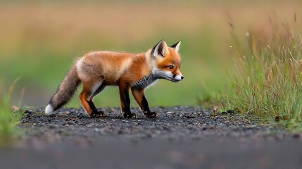 Red Fox Kit on a Dark Path in a Green Meadow
