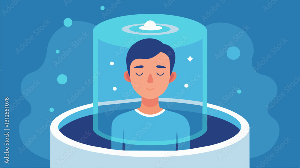 Poster with eyes closed and all external stimulation removed someone using a sensory deprivation tank to en