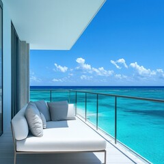 Fototapeta premium Balcony view over turquoise ocean with cushioned seating & glass railing