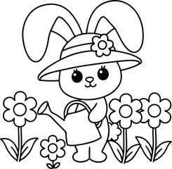 Cute Cartoon Bunny Wearing a Hat and Watering Flowers in a Garden