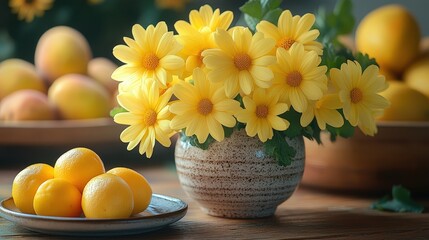 Yellow flowers and apricots still life