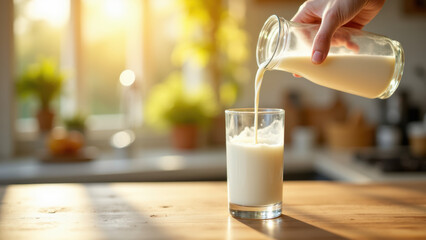 A person pouring fresh milk into a glass placed on a kitchen counter.