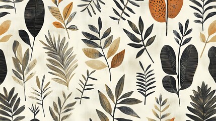 Seamless pattern of stylized leaves in autumnal tones on a cream background
