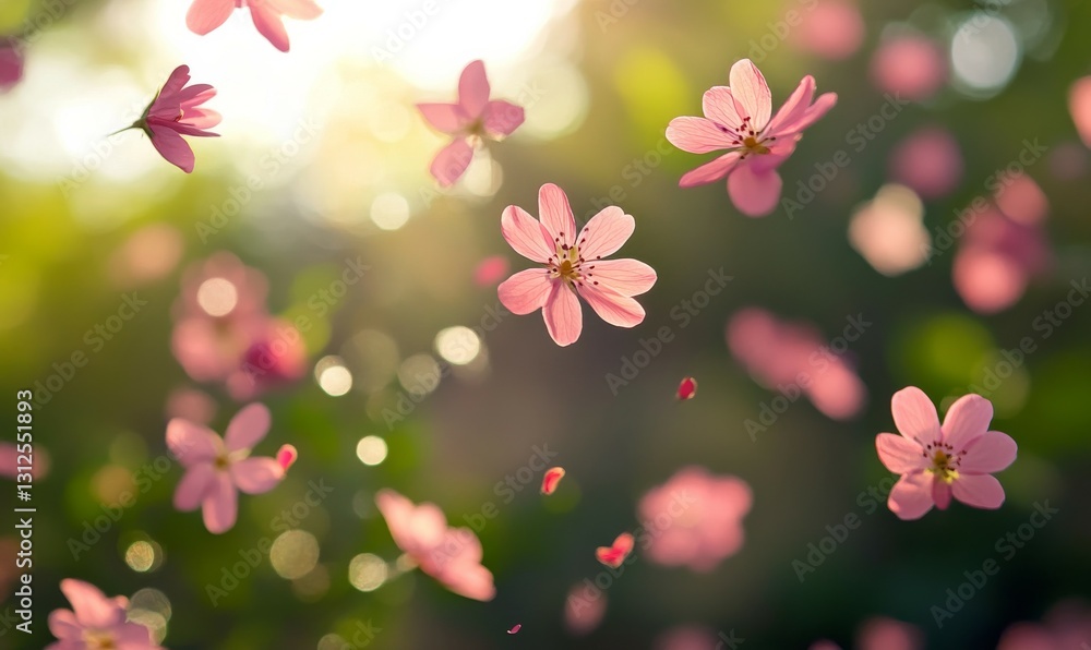 Poster pink flower petals floating in the air with soft bokeh background during springtime