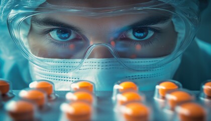 Worker In Pharmaceutical Industry Wearing Protective Clothing Operates Tablet Production In Sterile Work Environment.