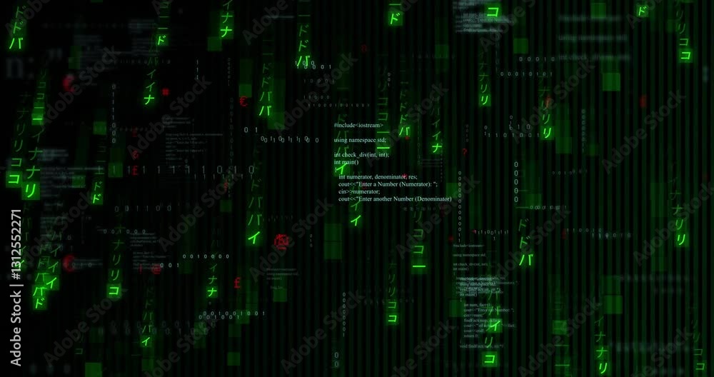 Poster animation of green digital code and symbols cascading over black background