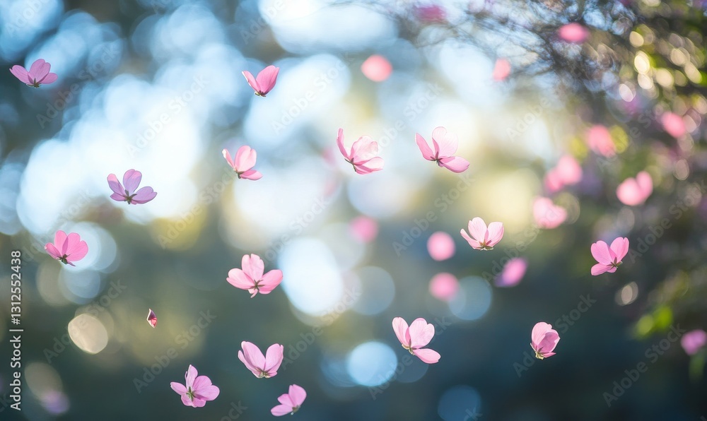 Poster pink flower petals floating in the air with soft bokeh background during springtime