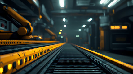 Naklejka premium A futuristic industrial scene features robotic arms and a metallic pathway illuminated by ambient lights.