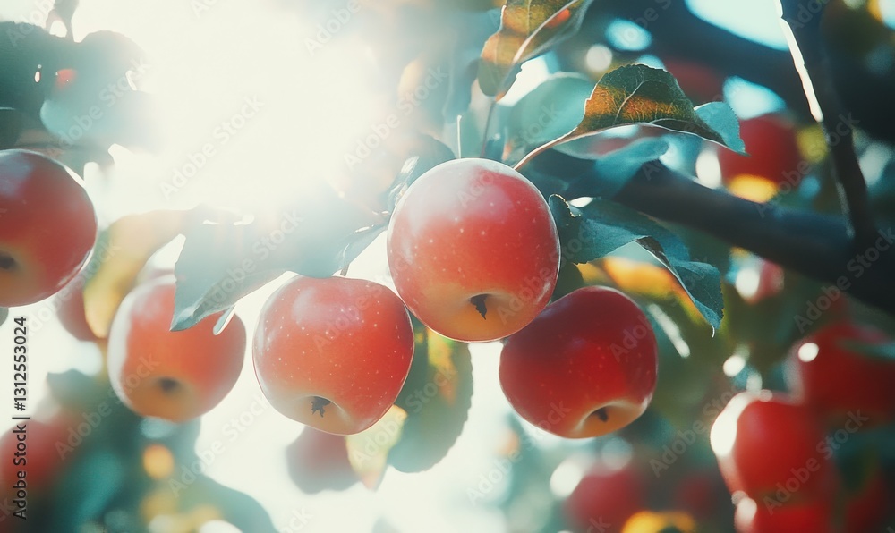 Poster bright red apples hanging on a tree branch, sunlight filtering through the leaves and highlighting t