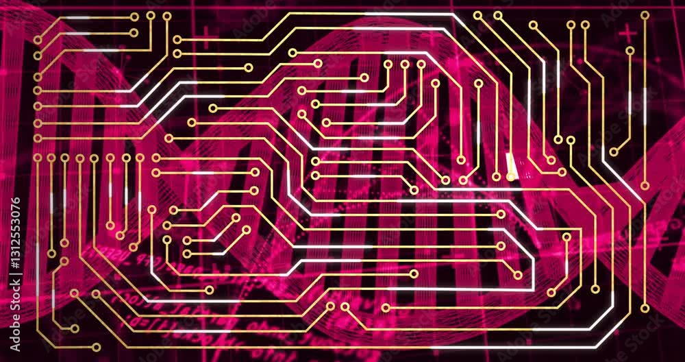 Poster animation of circuit board overlaying digital globe with binary code in vibrant pink