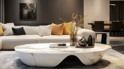 Modern Minimalist Living Room with a Low Marble Coffee Table and Neutral Luxury Interior Design

