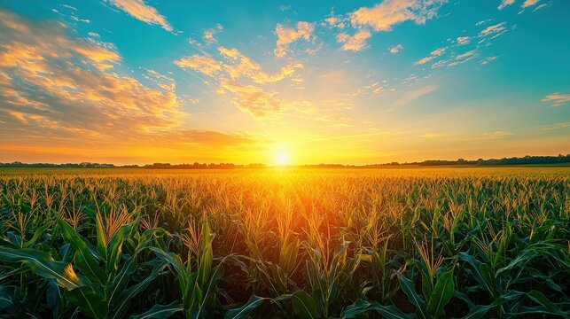 Cornfield at sunset with golden sky, symbolizing nature's abundance. Ideal for agriculture, farming, and environmental sustainability themes.