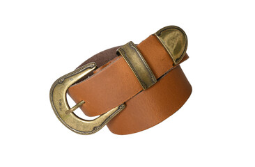 Vintage leather belt with bronze buckle isolated on white background. Western belt buckle. Shop item concept.