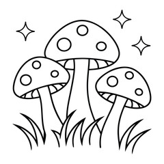 Black Outline Drawing of Three Mushrooms with Vivid Shadowing and Grass