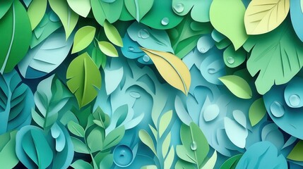 Lush green paper cutout design with delicate leaves and fresh water droplets showcases vibrant eco friendly themes for sustainability awareness