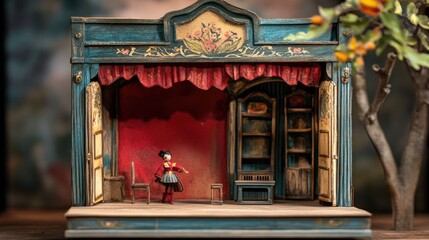 A miniature puppet theater toy with vintage charm and intricate details, watercolor illustration --ar 16:9 --v 6.1 Job ID: 0af08cf6-c505-49d6-90b1-d4623006a87f