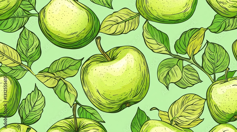 Poster a vector seamless pattern featuring green apple line art, creating a decorative and continuous backg