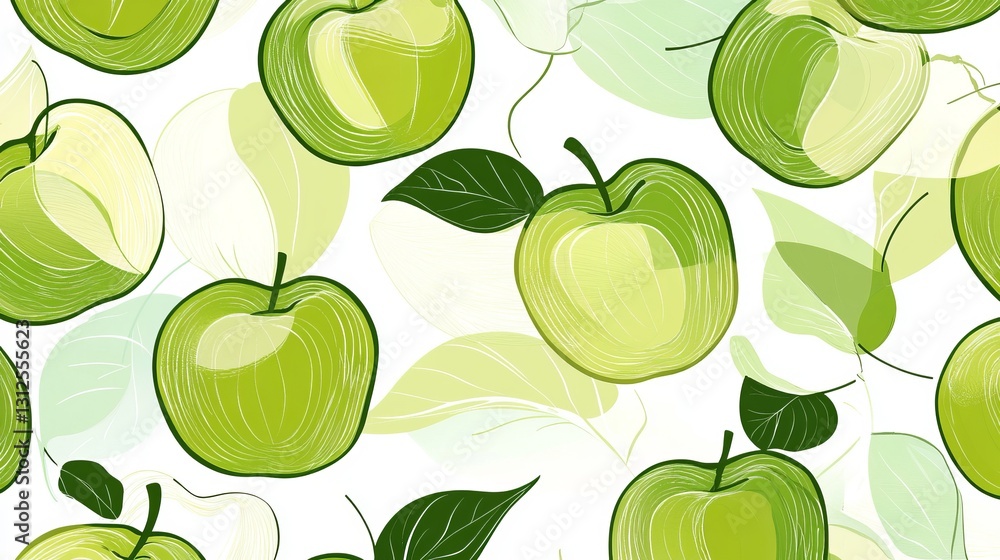 Poster a vector seamless pattern featuring green apple line art, creating a decorative and continuous backg
