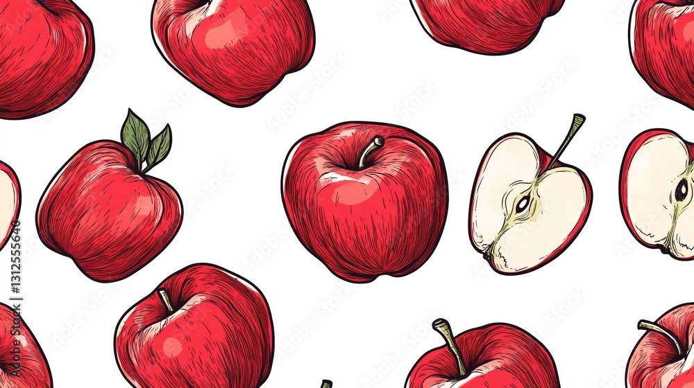 Poster a seamless vector pattern showcasing red apple line art. a continuous and decorative background fill