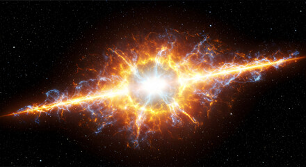 Obraz premium A vibrant cosmic explosion with radiant energy beams against a dark space background.