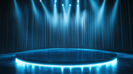 A stage is set with spotlights, blue curtains, and a circular platform with glowing lights. The scene exudes a sense of anticipation and performance.