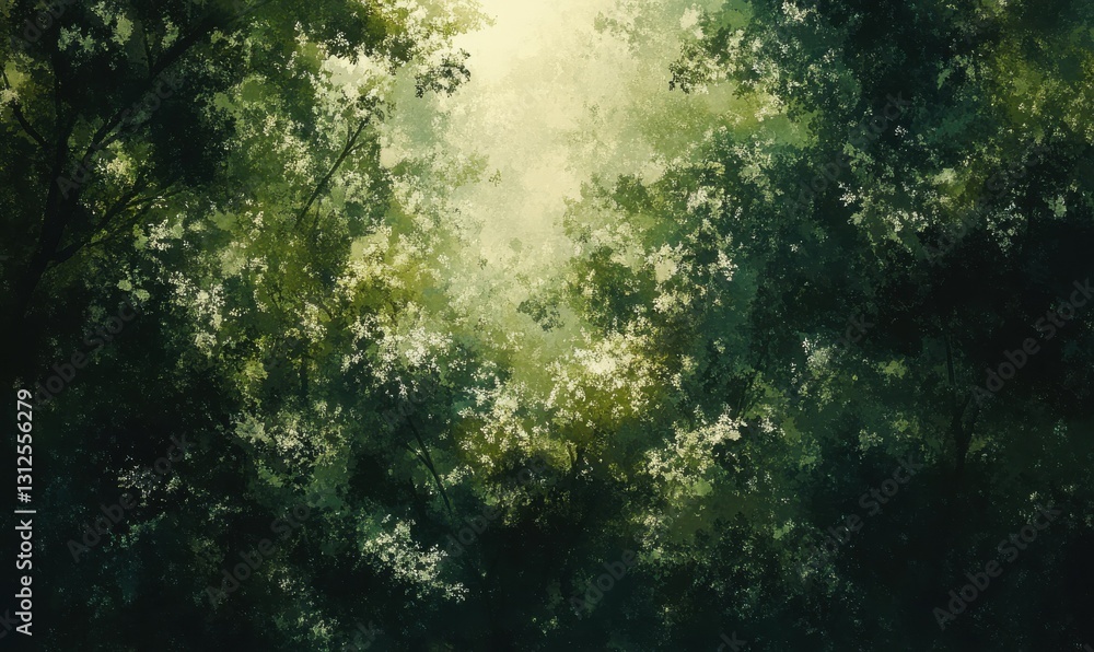 Poster dense green forest with sunlight filtering through the canopy, creating dappled shadows and a serene