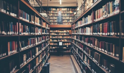 Obraz premium Cozy library with wooden shelves