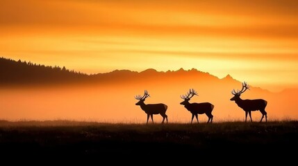Naklejka premium Three Deer Silhouettes at Sunrise Over Misty Mountains